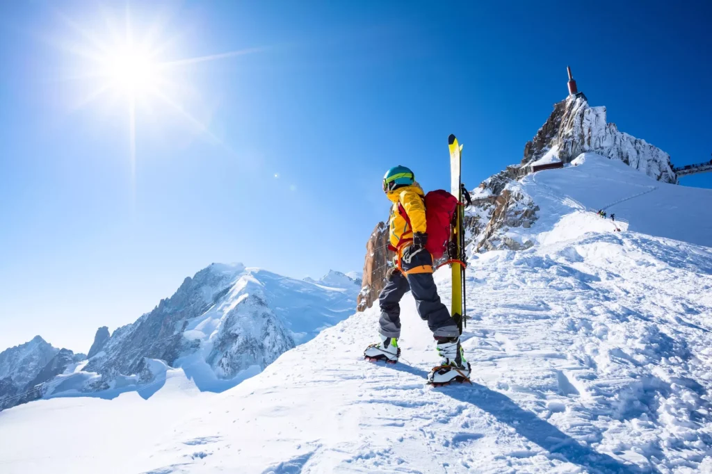 A skier is standing on the mountain top.