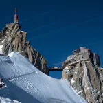Line of skiers on Aiguille du Midi ridge in winter