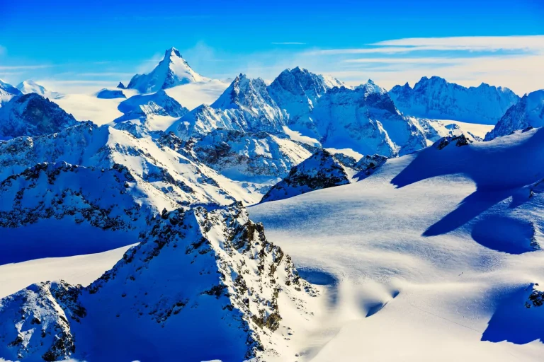 Panorama of Snow Mountain Range at Mt Fort Peak Alps Region Switzerland