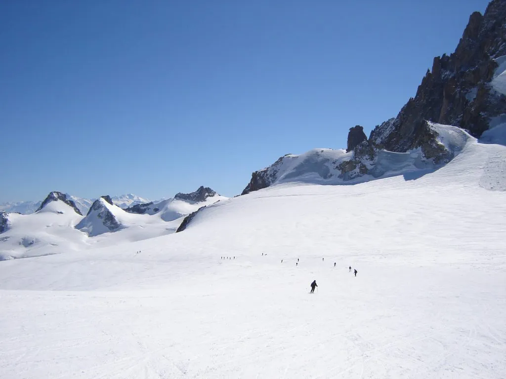 Skiers on the Vallee Blanche glacier trail, Chamonix