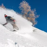 Snowboarder in fresh snow, freeride, backcountry, Chamonix, France