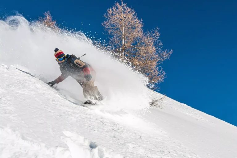 Snowboarder in fresh snow, freeride, backcountry, Chamonix, France