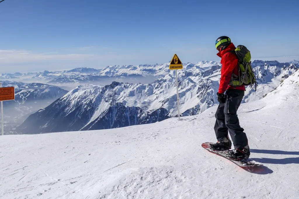 Snowboarder Les Grands Montets Ski Area in Argentiere near Chamonix with Canon 11mm - 22mm Wide Angle Lens