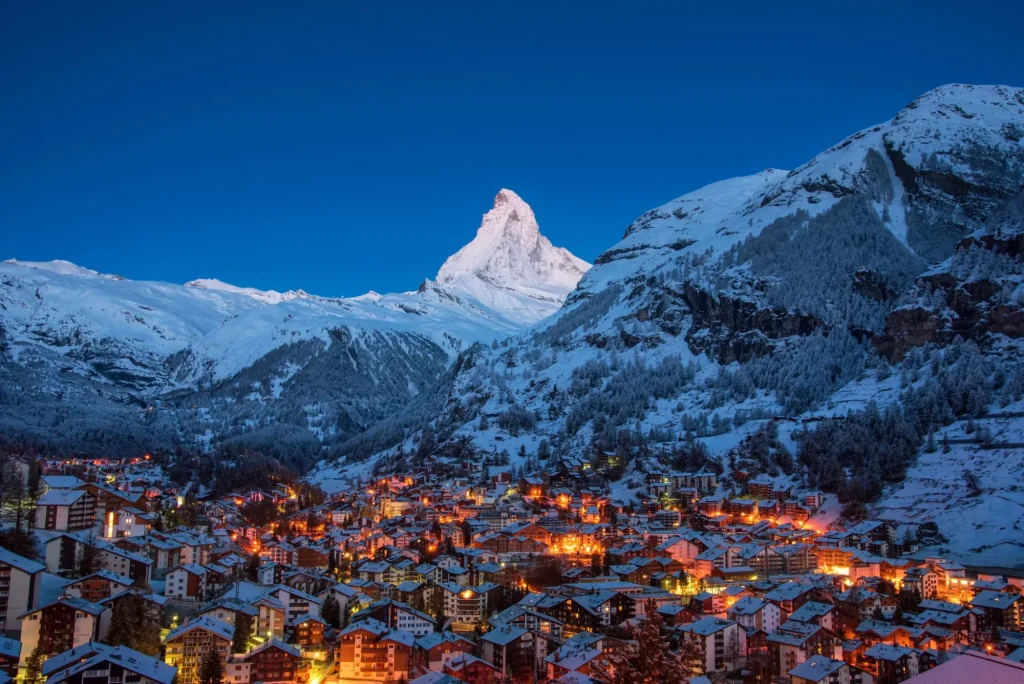 Early Morning landscape View on Zermatt city village  Valley and Matterhorn Peak in the Morning, Switzerland
